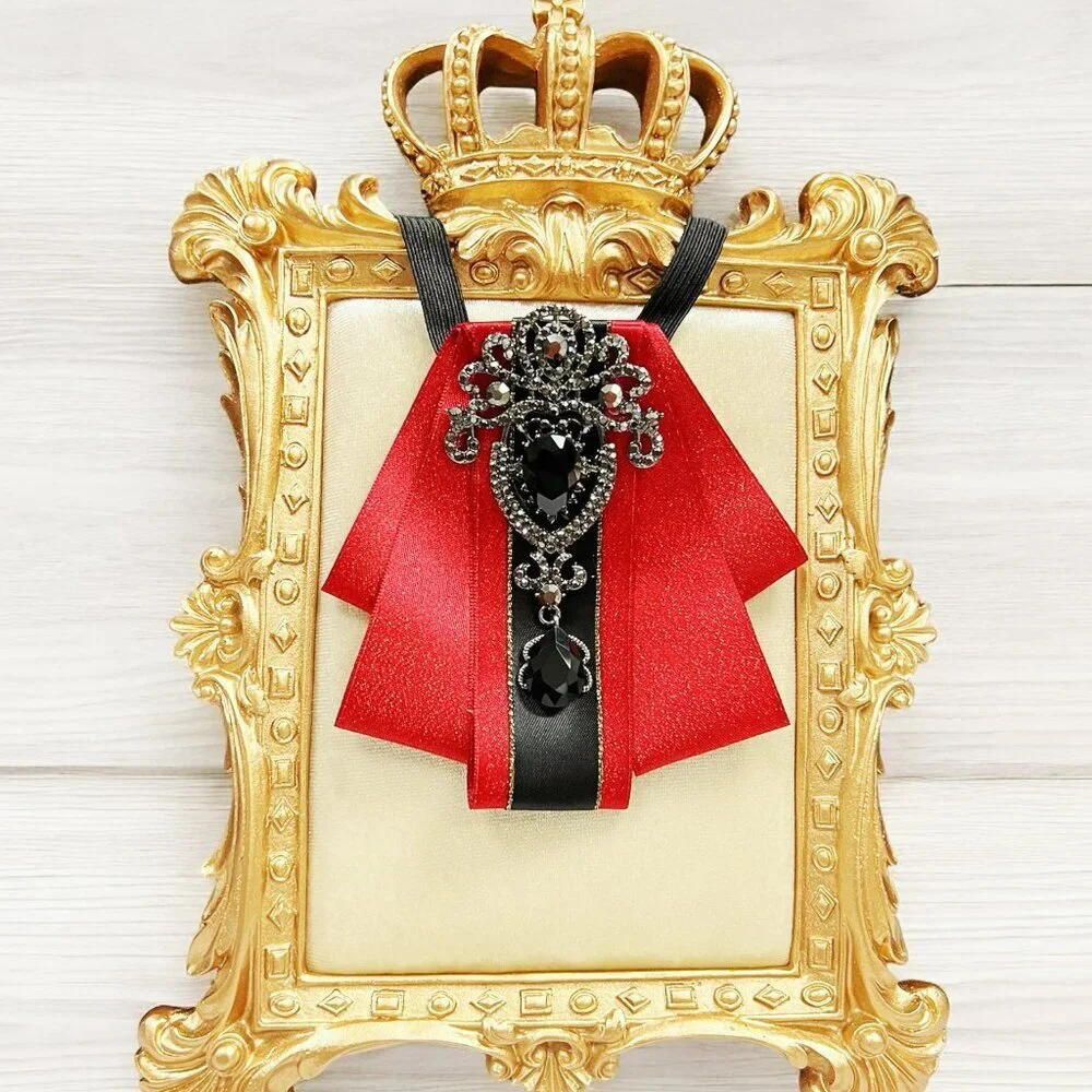 Red crystal bowtie, Kid's Necktie, Black Crystal Brooch, Kids Size, 2 in 1